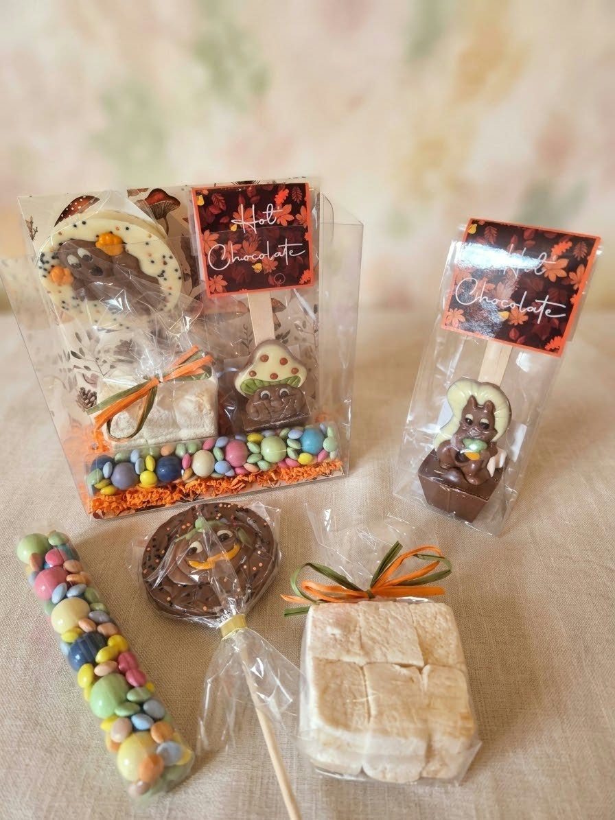 Warme chocolademelk set met chocolade, marshmallows choco choops