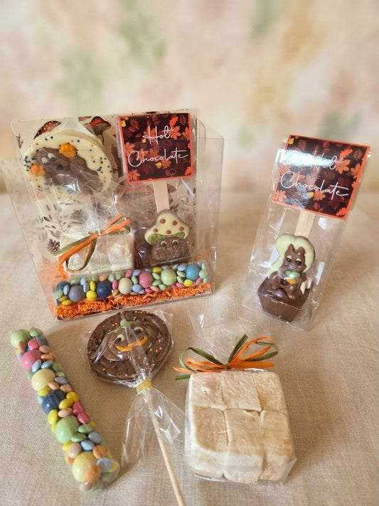 Warme chocolademelk set met chocolade, marshmallows choco choops