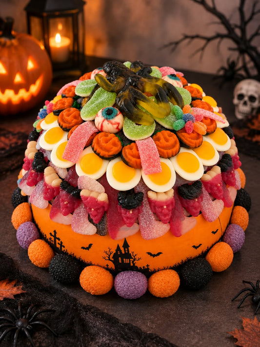 Griezelige Halloween snoeptaart - perfect voor Halloweenfeestjes