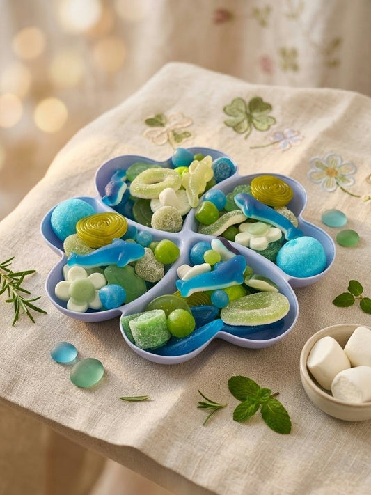 Blauwe / groene snoepmix schotel - origineel snoep cadeau
